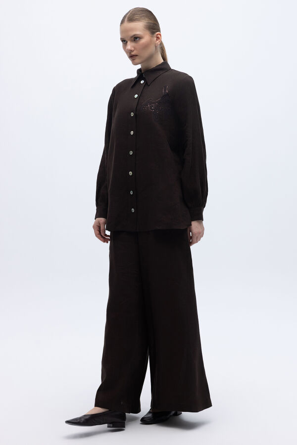 Pullu Nakışlı Keten Gömlek Kahverengi - 5