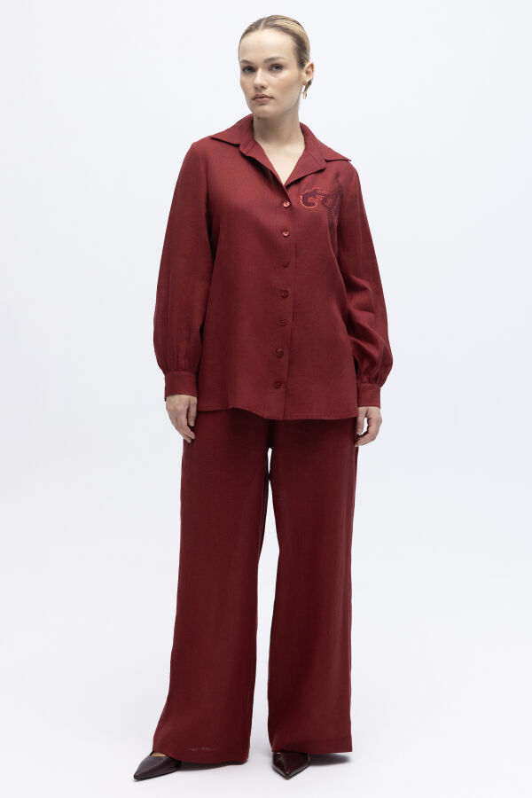 Pullu Nakışlı Keten Gömlek Cherry - 2