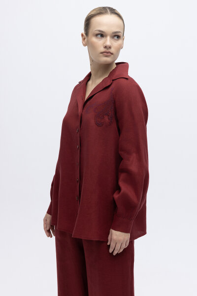 Pullu Nakışlı Keten Gömlek Cherry - 3