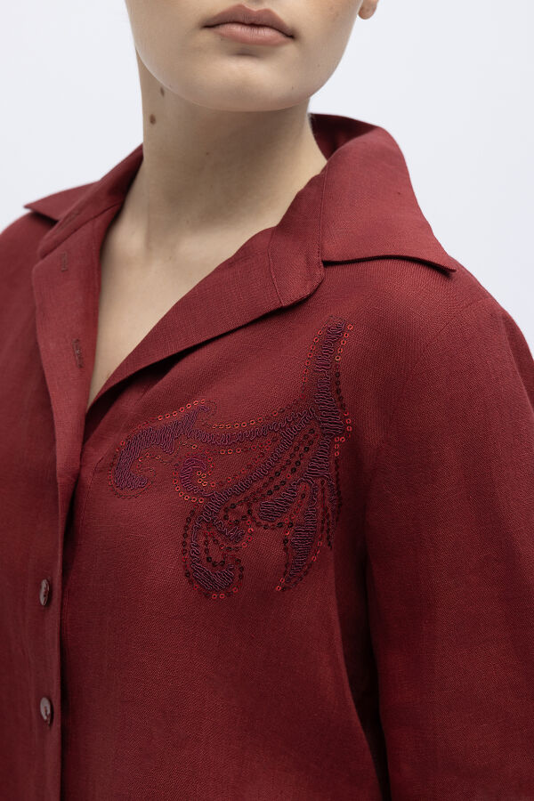 Pullu Nakışlı Keten Gömlek Cherry - 4