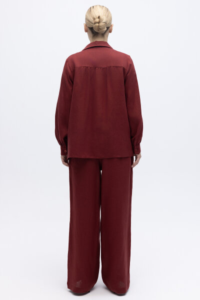 Pullu Nakışlı Keten Gömlek Cherry - 5