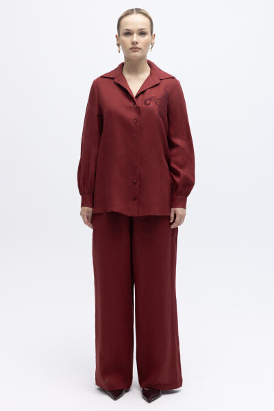 Pullu Nakışlı Keten Gömlek Cherry - MISS DALIDA