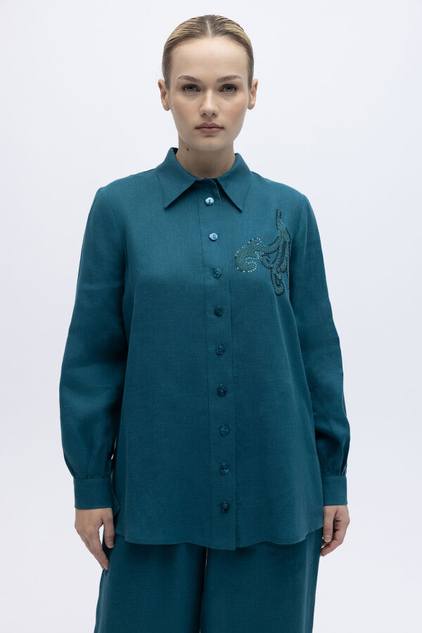 Pullu Nakışlı Keten Gömlek North Sea - 1