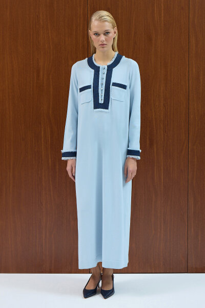 Püskül Detaylı Triko Elbise Mavi 