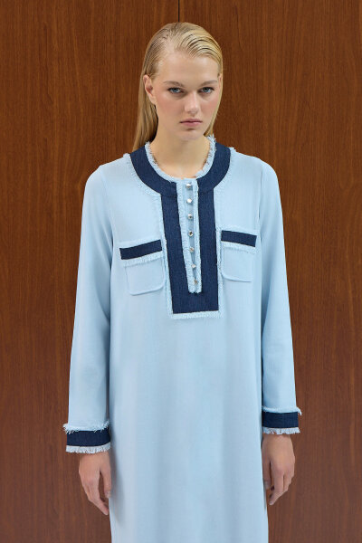 Püskül Detaylı Triko Elbise Mavi - 3