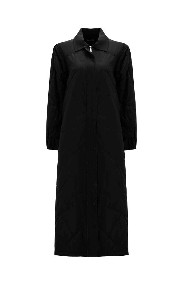 Quilted Black Coat with Denim Fabric Details - 3