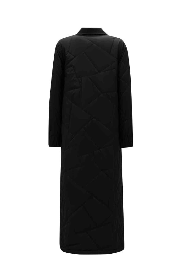 Quilted Black Coat with Denim Fabric Details - 4