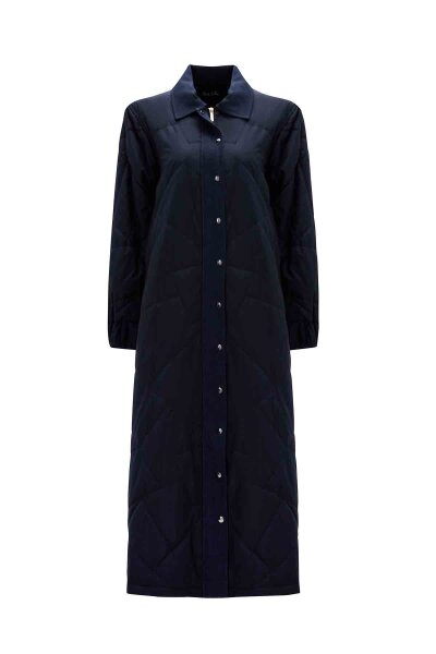 Quilted Navy Blue Coat with Denim Fabric Details - 2