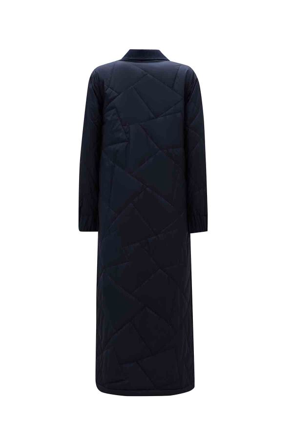 Quilted Navy Blue Coat with Denim Fabric Details - 4
