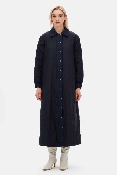 Quilted Navy Blue Coat with Denim Fabric Details - 1