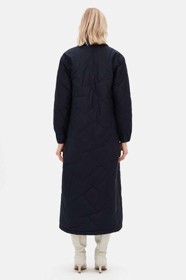 Quilted Navy Blue Coat with Denim Fabric Details - 5