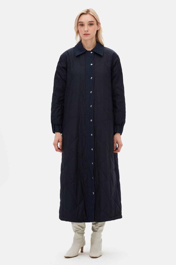 Quilted Coat with Denim Fabric Detail - 1