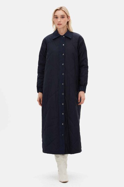 Quilted Coat with Denim Fabric Detail - 3