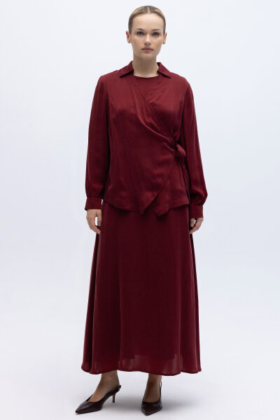 Rahat Kesim Düz Renk Kumaş Etek Cherry - 1