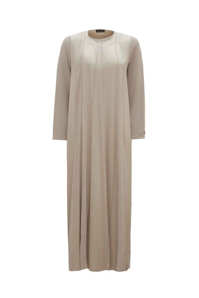 Rahat Kesim Yuvarlak Yaka Taş Rengi Elbise 