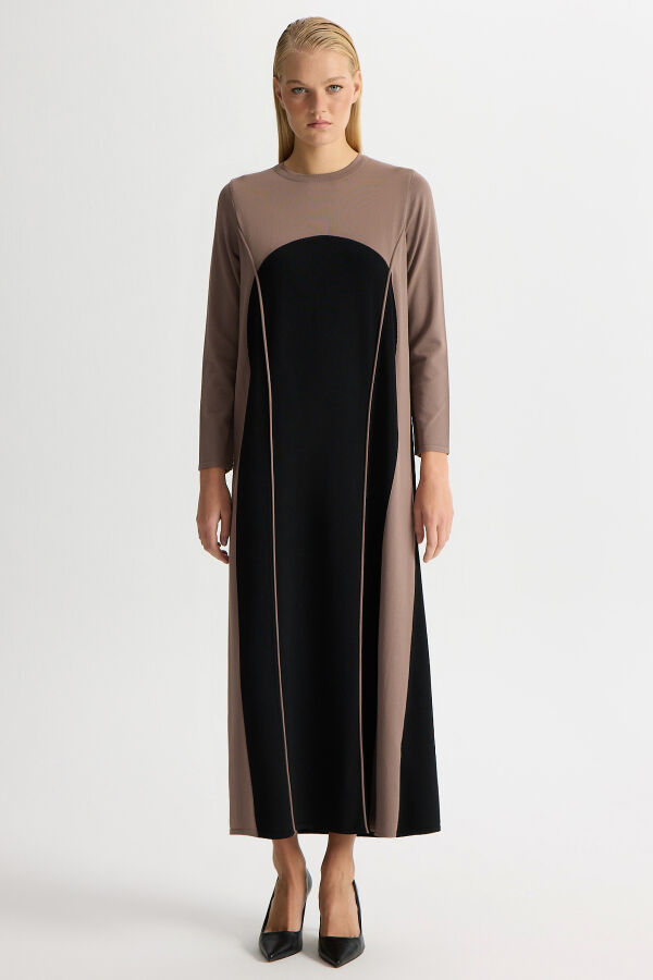 Renk Bloklu Yuvarlak Yaka Triko Elbise Kahverengi - 1