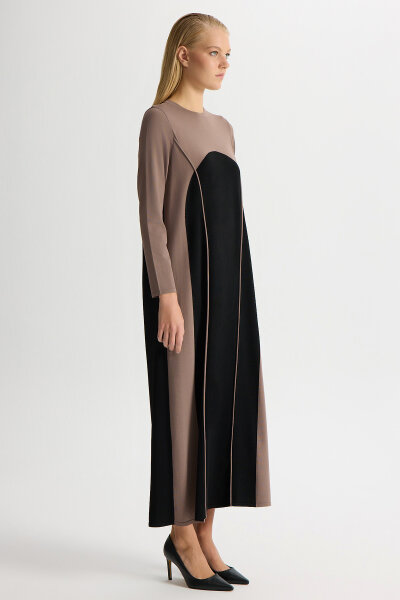 Renk Bloklu Yuvarlak Yaka Triko Elbise Kahverengi - 2