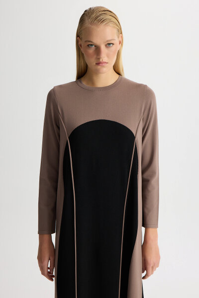 Renk Bloklu Yuvarlak Yaka Triko Elbise Kahverengi - 3