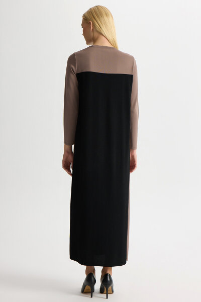 Renk Bloklu Yuvarlak Yaka Triko Elbise Kahverengi - 4