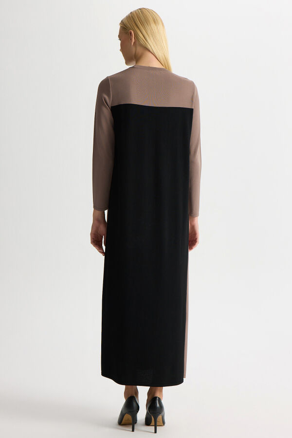 Renk Bloklu Yuvarlak Yaka Triko Elbise Kahverengi - 4