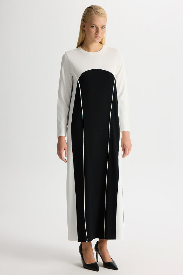 Renk Bloklu Yuvarlak Yaka Triko Elbise Siyah - 1