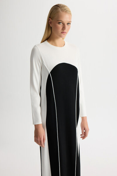 Renk Bloklu Yuvarlak Yaka Triko Elbise Siyah - 3