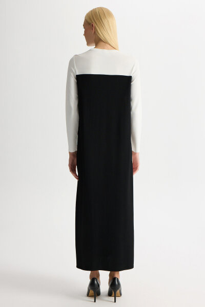 Renk Bloklu Yuvarlak Yaka Triko Elbise Siyah - 4