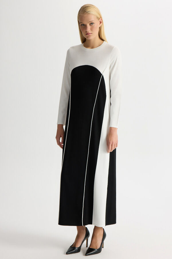 Renk Bloklu Yuvarlak Yaka Triko Elbise Siyah - 5