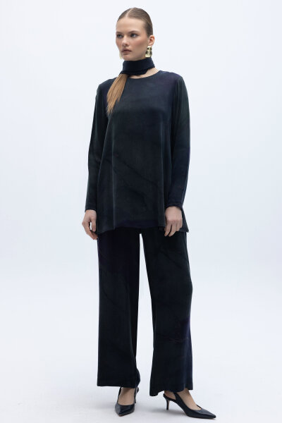 Renkli Desenli Bol Paça Pantolon Lacivert - 1