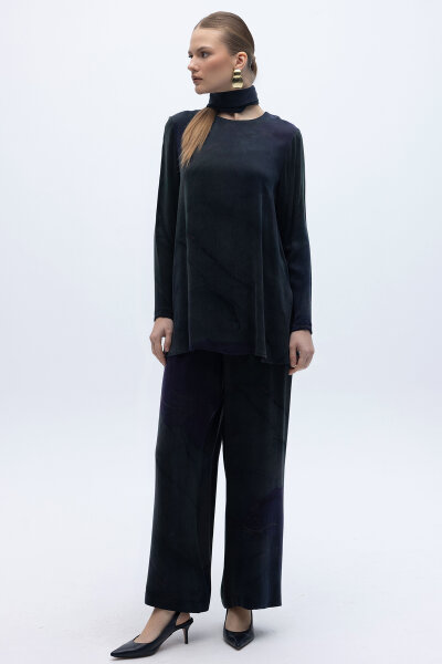 Renkli Desenli Bol Paça Pantolon Lacivert - 2