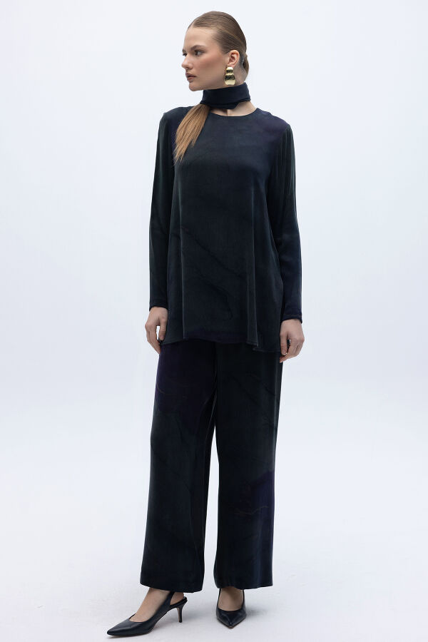 Renkli Desenli Bol Paça Pantolon Lacivert - 2