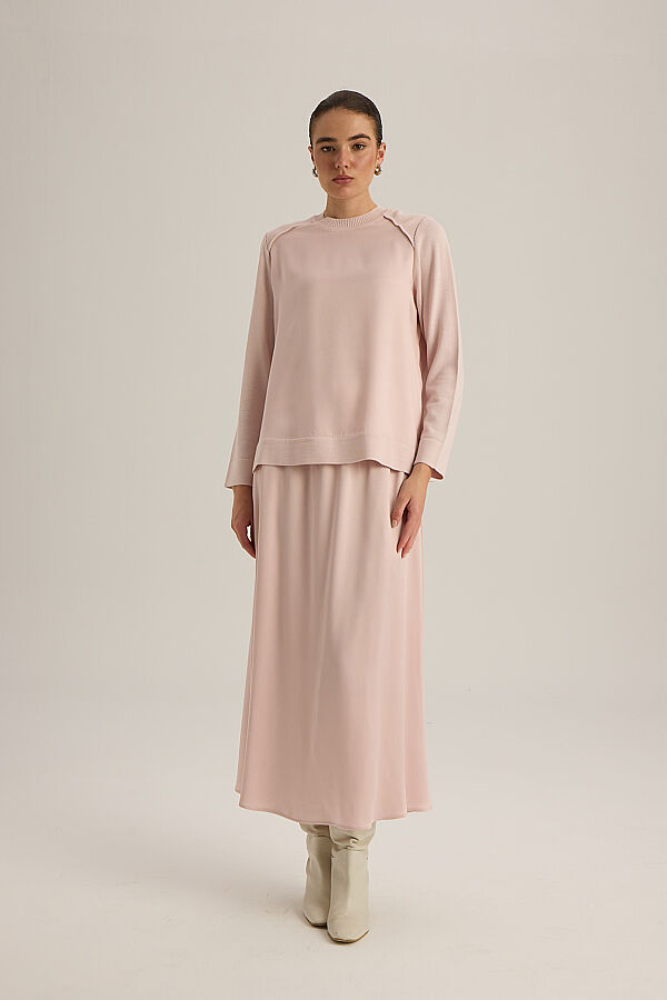 Ribana Yaka Triko-Kumaş Tunik Pudra - 1