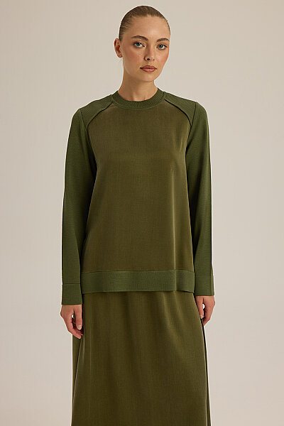 Ribana Yaka Triko-Kumaş Tunik Haki - 6