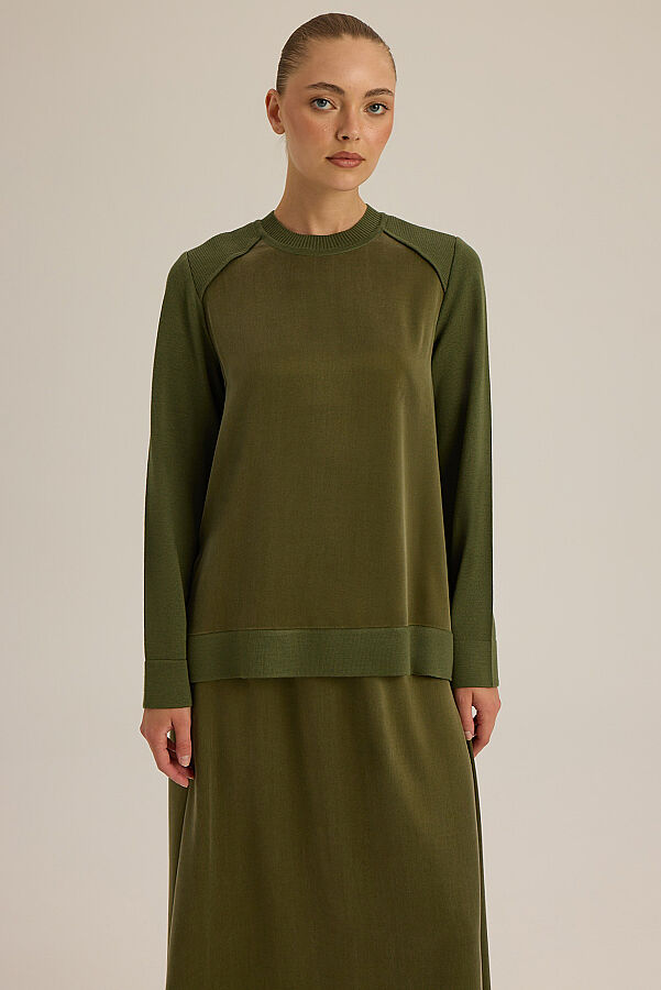 Ribana Yaka Triko-Kumaş Tunik Haki - 6