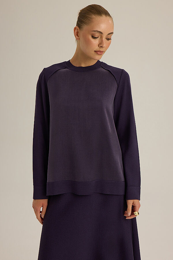 Ribana Yaka Triko-Kumaş Tunik Mor - 4