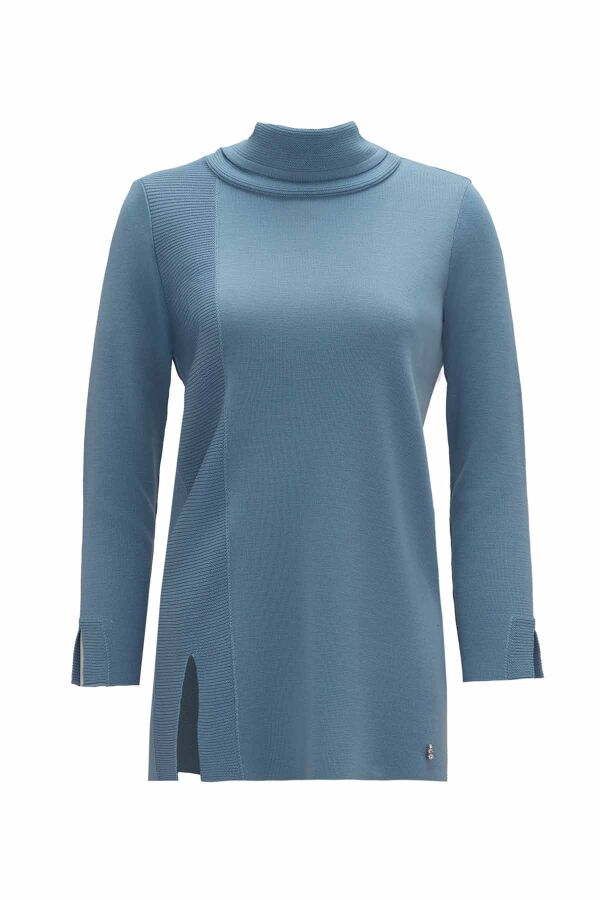 Ribbed Knit Turtleneck Blue Tunic - 1