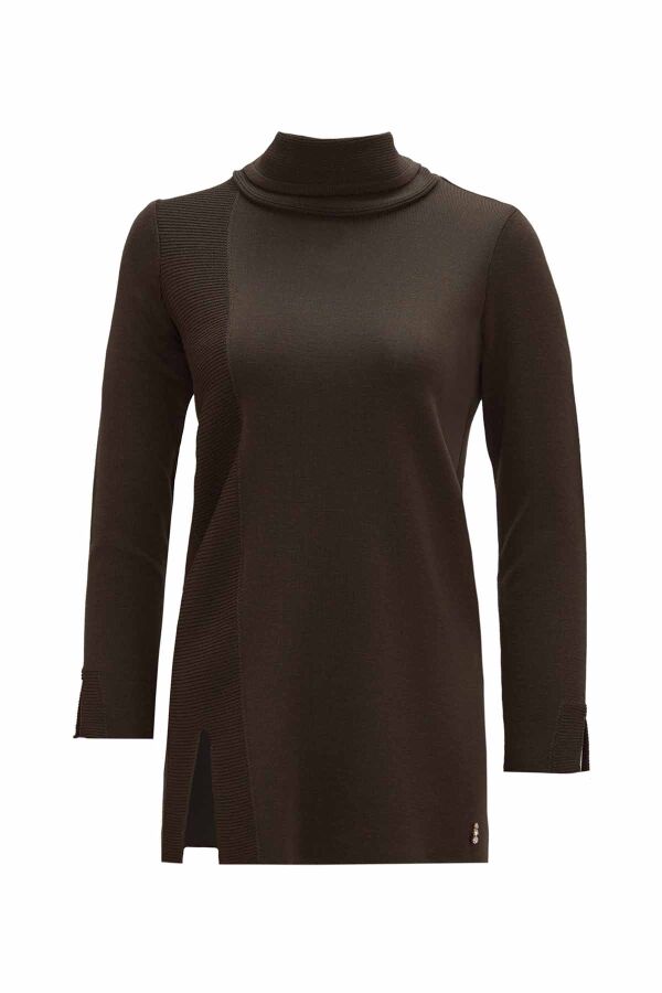 Ribbed Knit Turtleneck Brown Tunic - 1