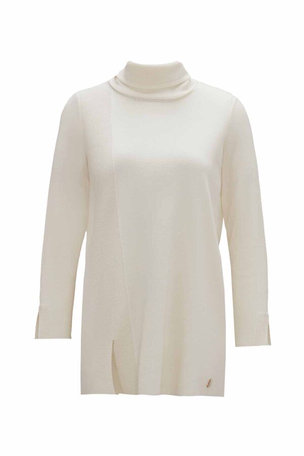 Ribbed Knit Turtleneck Ecru Tunic - 2