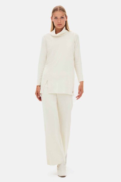 Ribbed Knit Turtleneck Ecru Tunic - 1