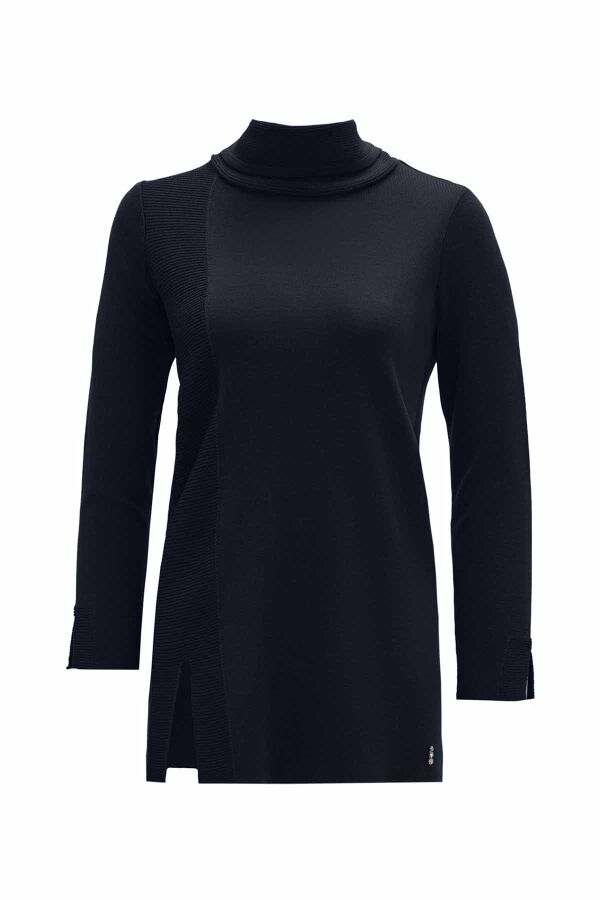Ribbed Knit Turtleneck Navy Blue Tunic - 1