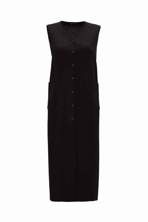 Round Neck Snap Button Knitted Black Vest - 1