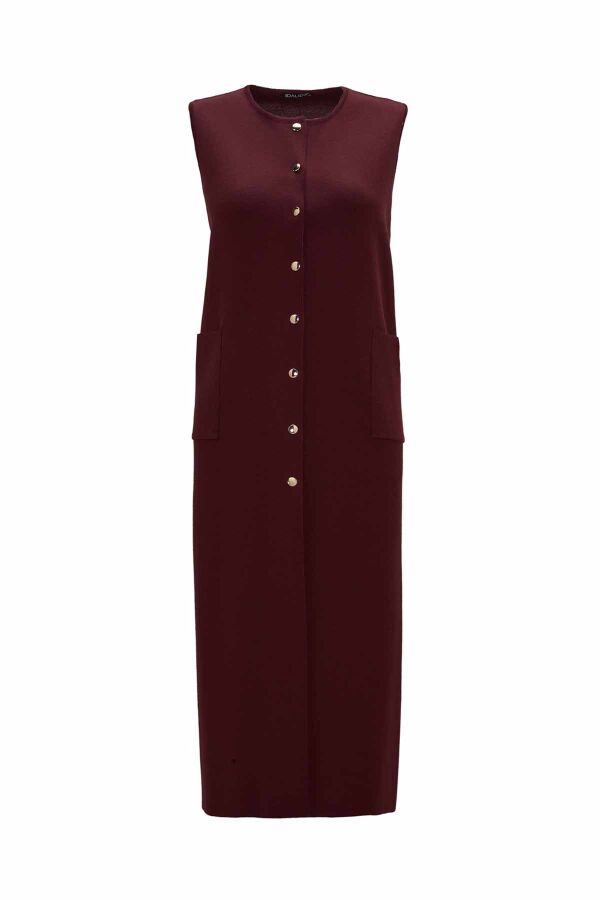 Round Neck Snap Button Knitted Burgundy Vest - 1