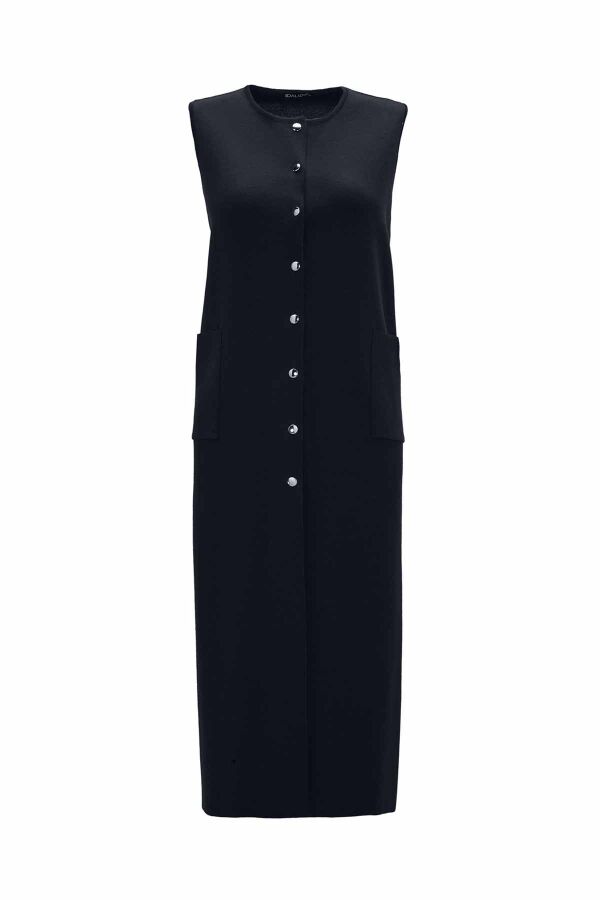 Round Neck Snap Button Knitted Navy Vest - 1