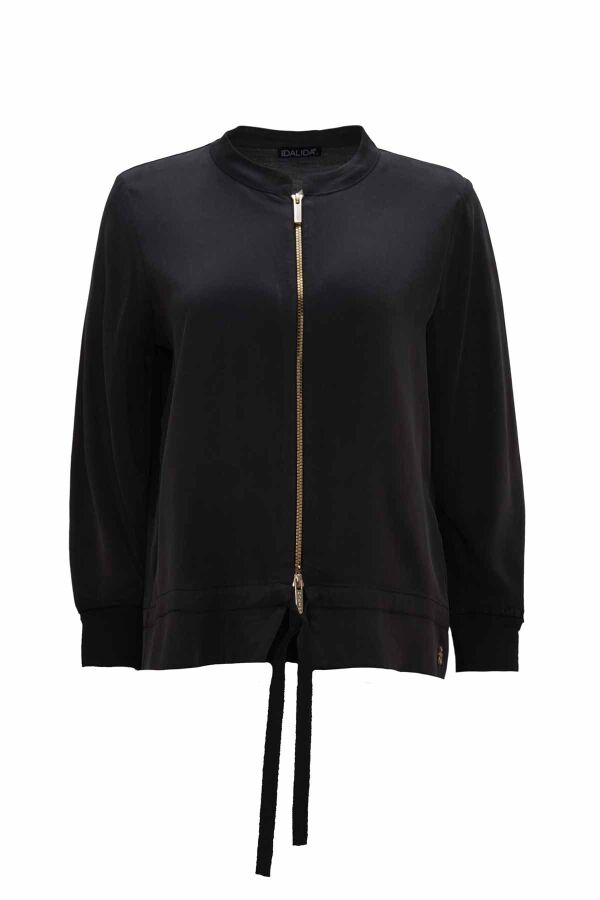 Round Neck Zippered Solid Color Coat - 1
