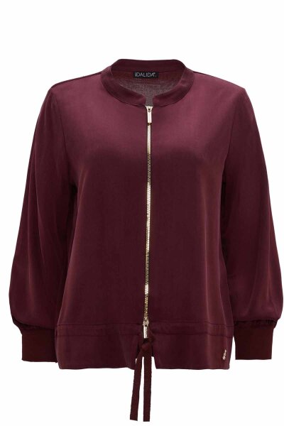 Round Neck Zippered Solid Burgundy Coat - 1