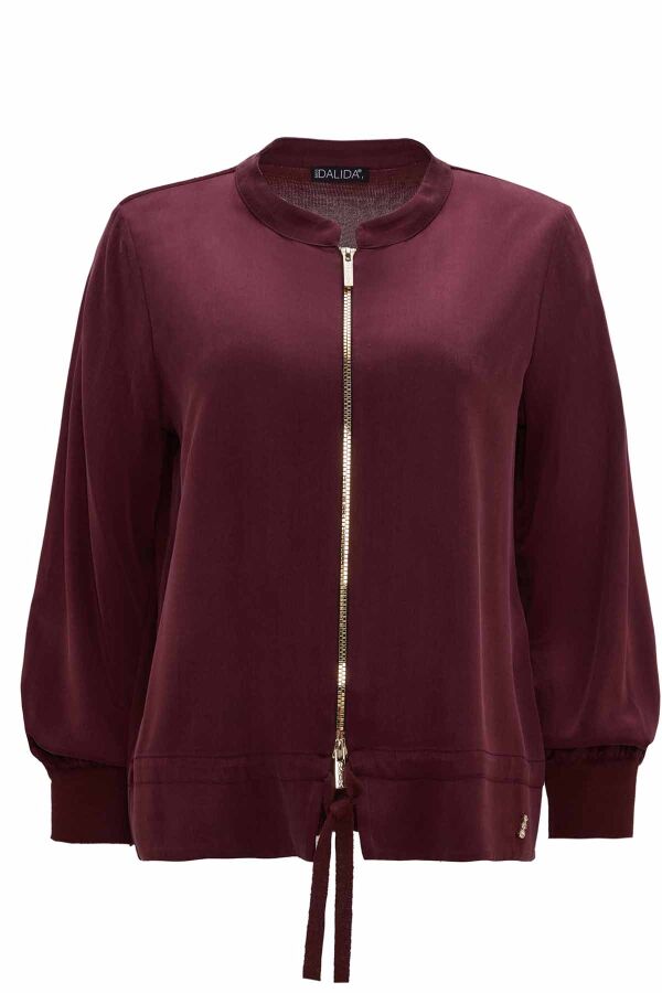 Round Neck Zippered Solid Burgundy Coat - 1