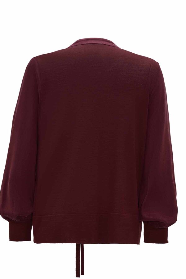 Round Neck Zippered Solid Burgundy Coat - 2