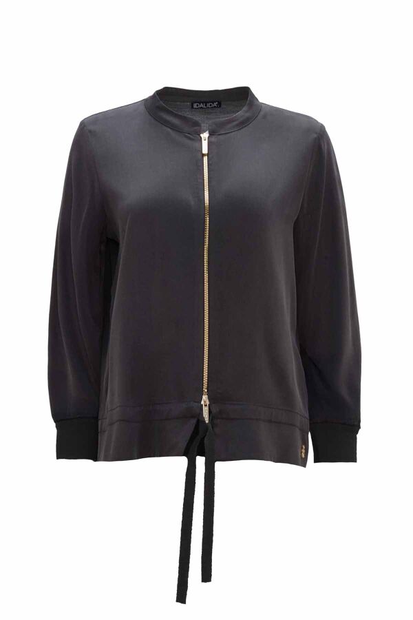 Round Neck Zippered Solid Dark Grey Coat - 1