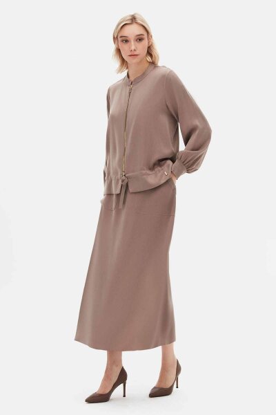 Round Neck Zippered Solid Mink Coat - 5