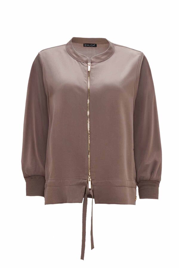Round Neck Zippered Solid Color Coat - 2